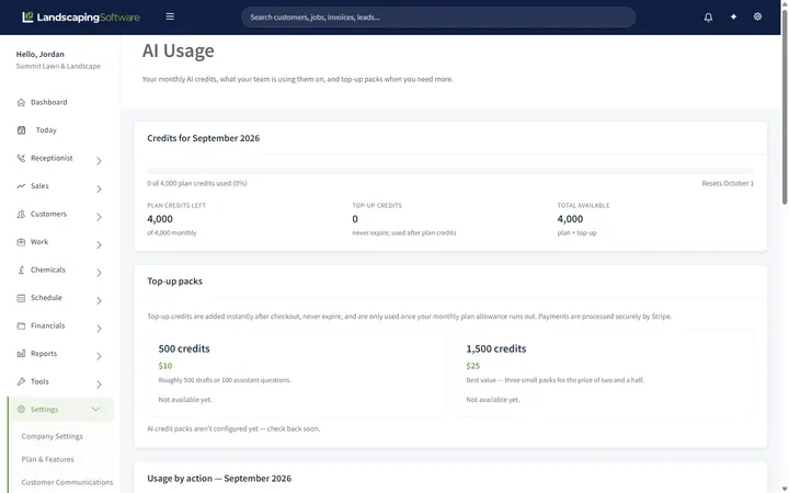 The AI Usage page showing monthly credits, usage by action, which model powers what, and the credit cost per action