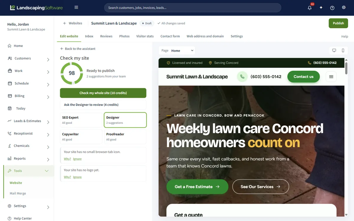 Check my site panel with a site health score of 98 and Ready to publish, cards for the SEO Expert, Designer, Copywriter and Proofreader, and the credit cost on each review button