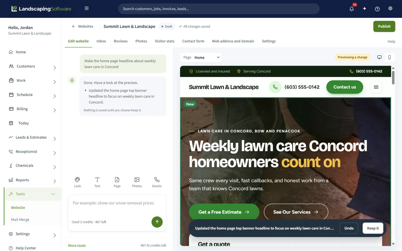 AI website builder editor for Summit Lawn & Landscape: a request to make the home page headline about weekly lawn care in Concord, and the site preview showing the new headline with Undo and Keep it