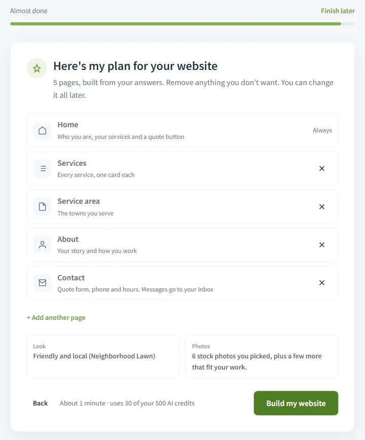 Guided setup plan step listing five pages (Home, Services, Service area, About, Contact), the Friendly and local look, the photos, and the cost line next to Build my website