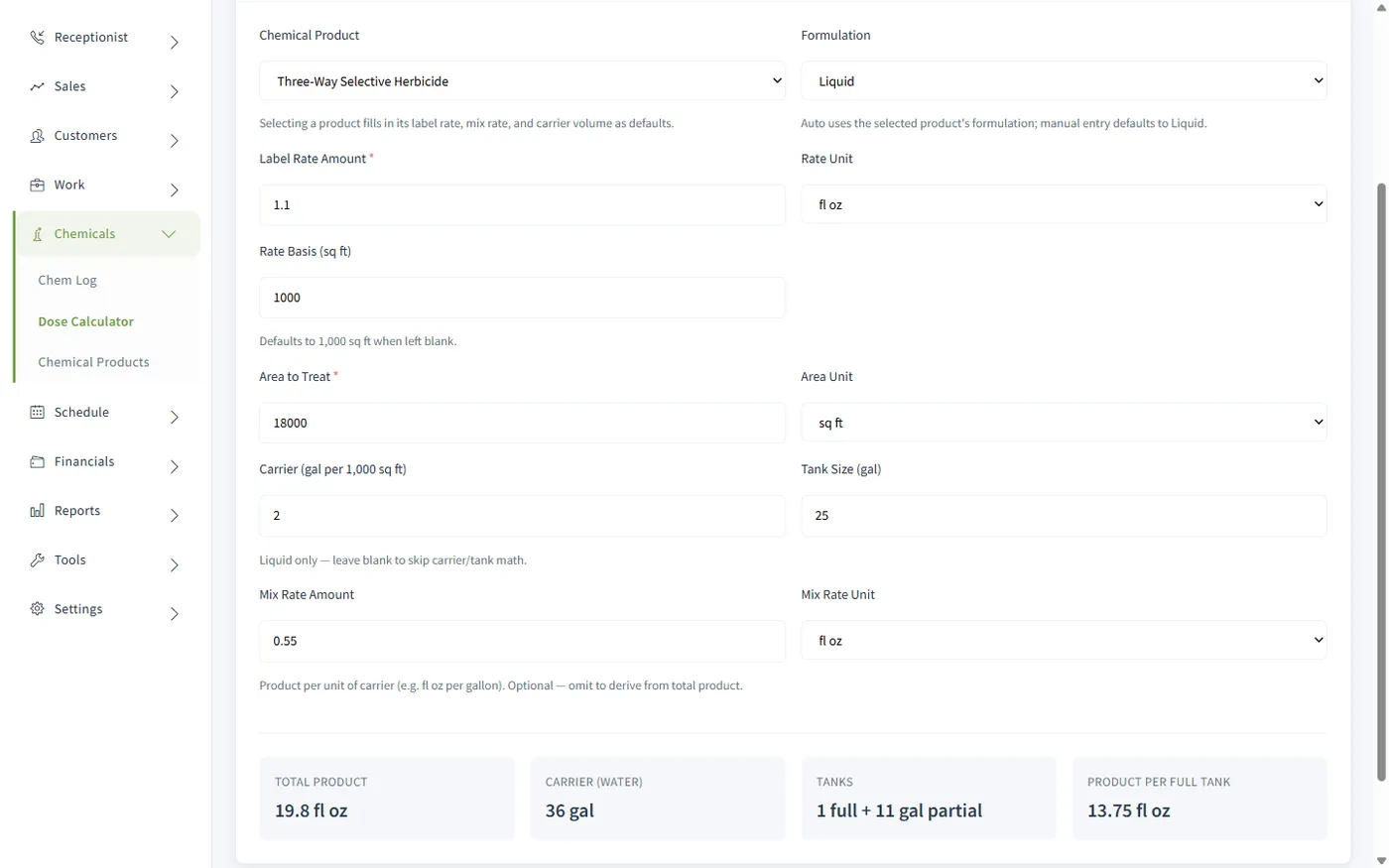 Chemical dose calculator computing total product and carrier water volumes