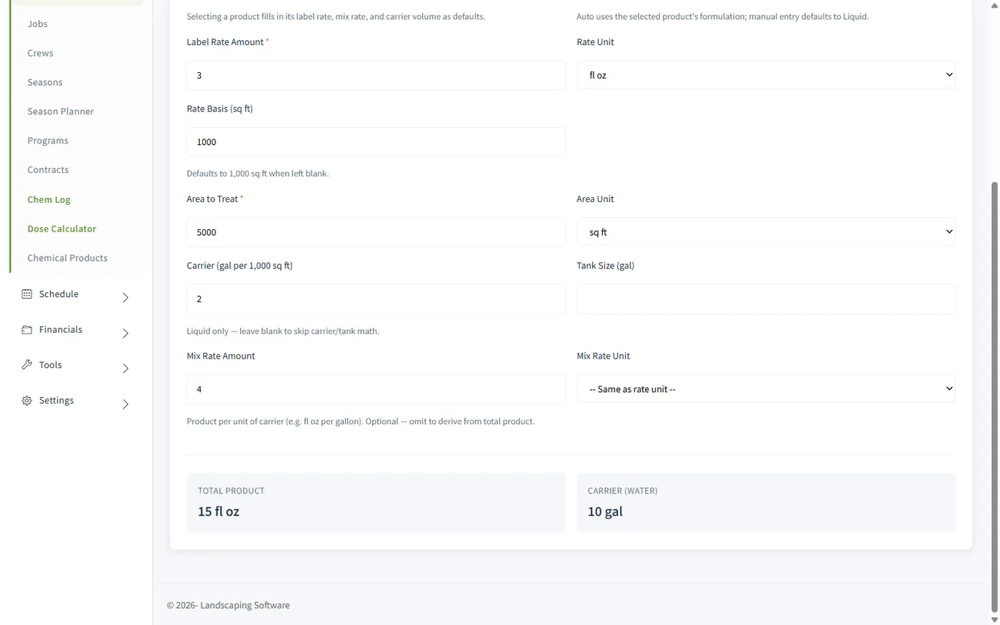 Chemical dose calculator computing total product and carrier water volumes