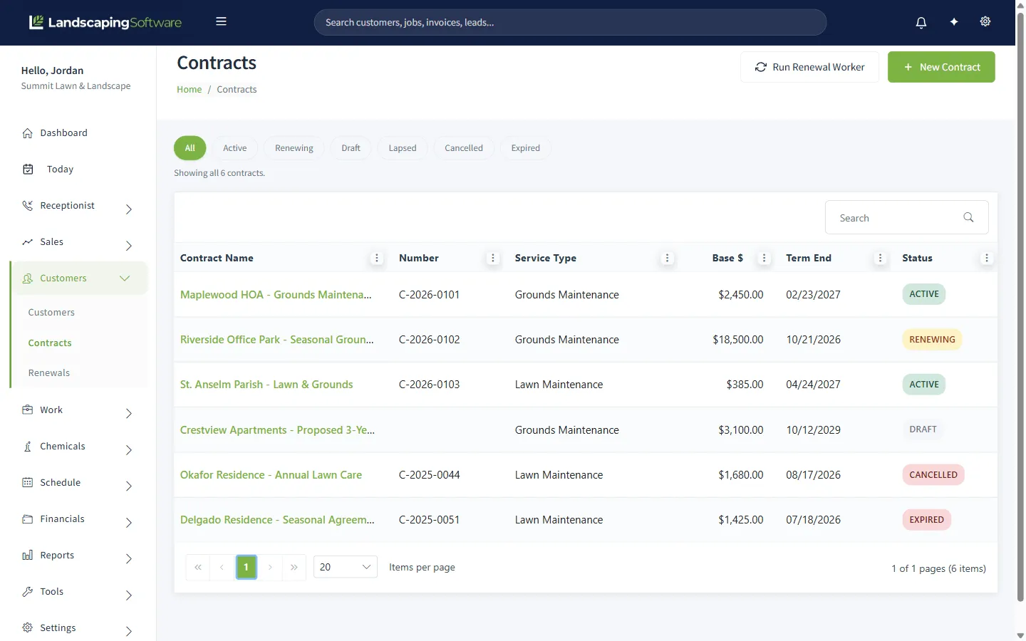 The Contracts list showing contracts in Active, Renewing, Draft, Cancelled and Expired states, with a status filter, base amount and term end for each