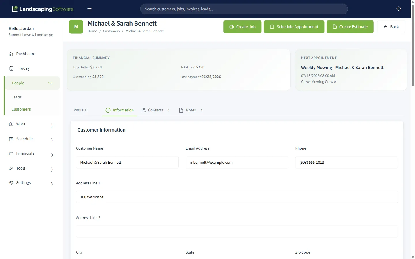 Customer summary screen showing a customer’s jobs, visits, invoices, payments, and notes on one page