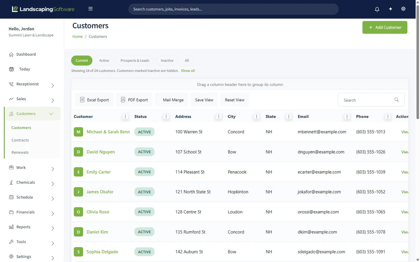Customer list with contact details, property addresses, and quick actions