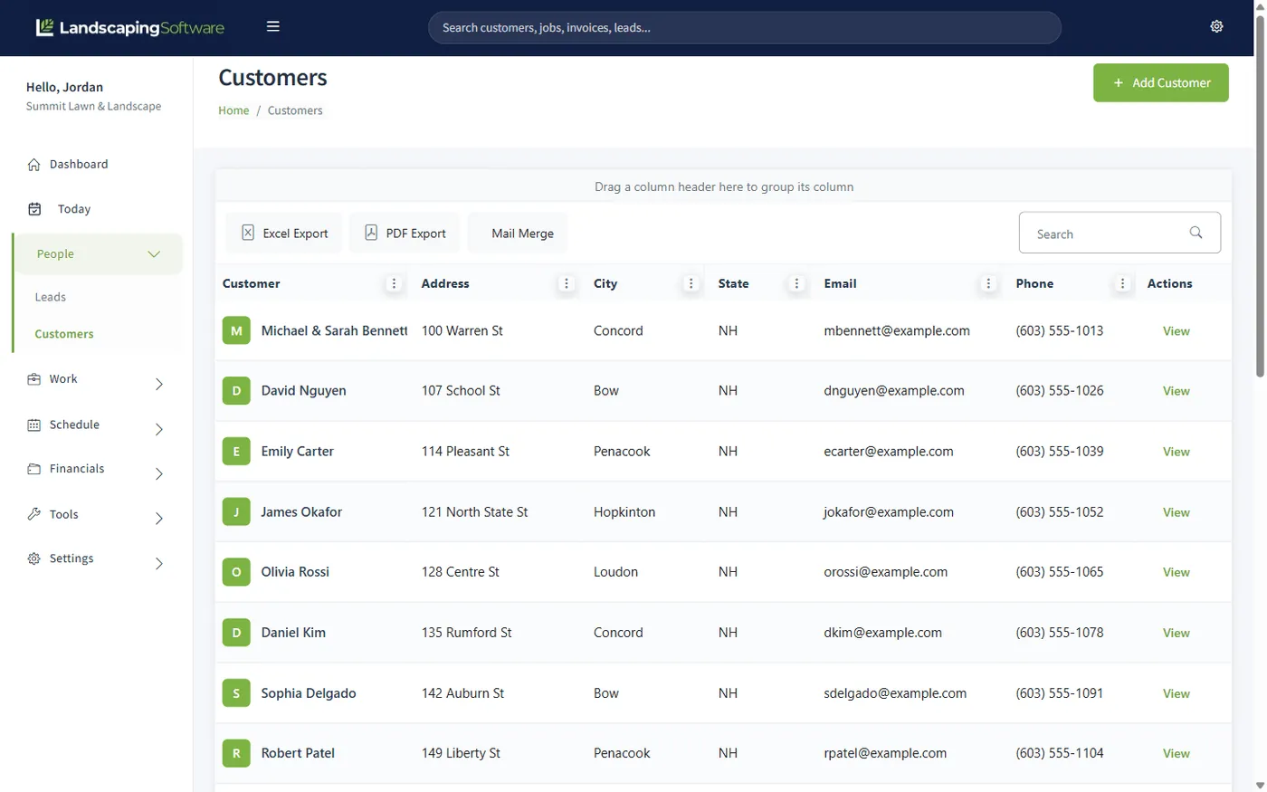 Customer list with contact details, property addresses, and quick actions