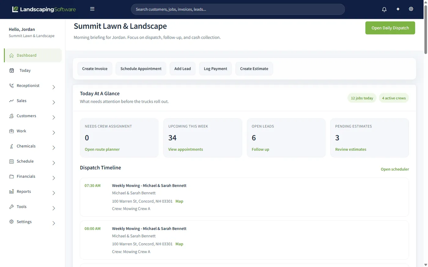 Landscaping Software operator dashboard with today's schedule, KPIs, and dispatch timeline