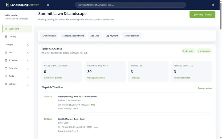 Landscaping Software operator dashboard showing today's schedule, crew dispatch timeline, and revenue KPIs