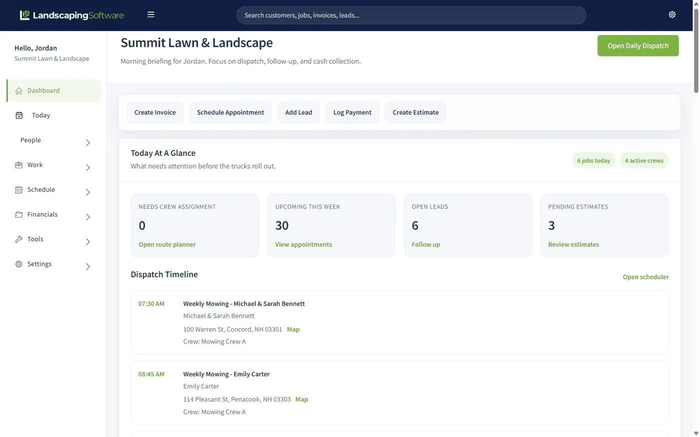 Landscaping Software operator dashboard with today's schedule, KPIs, and dispatch timeline