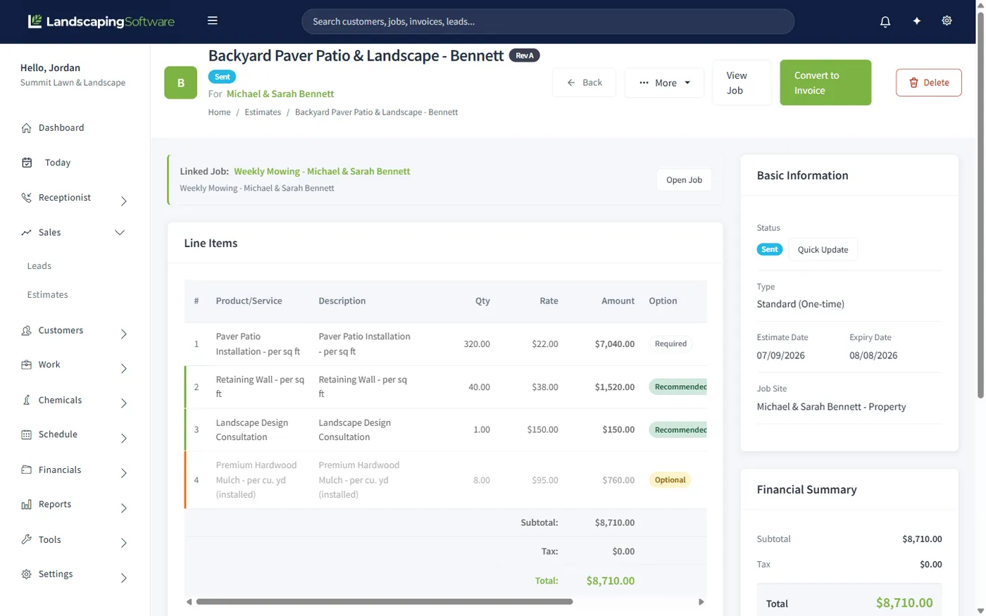 Estimate with required, recommended, and optional line-item options and totals