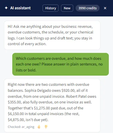 AI assistant side panel answering which customers are overdue and how much each owes, naming two customers at $920.00 and $355.00, with $1,275.00 past due out of $6,150.00 unpaid.