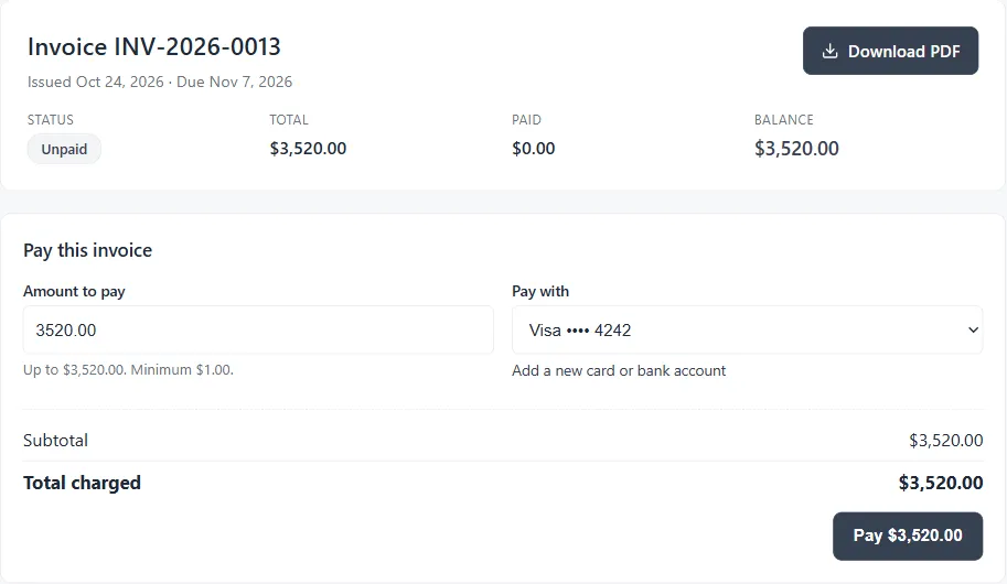 Customer portal for Summit Lawn and Landscape showing unpaid invoice INV-2026-0013 for $3,520.00, with a Pay this invoice box listing the amount, a saved card ending 4242, a link to add a new card or bank account, and a Pay $3,520.00 button.