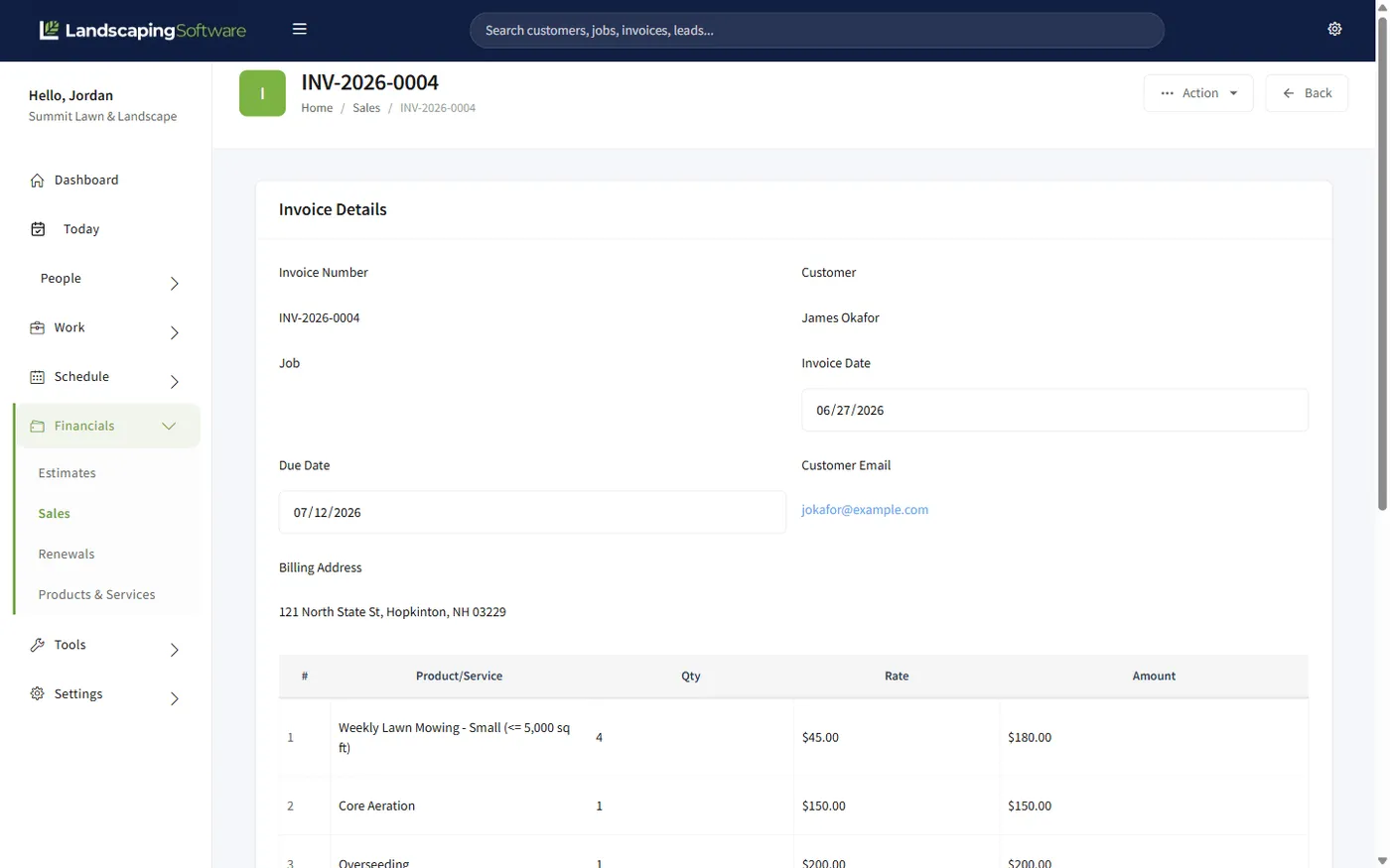 Itemized invoice showing line items, totals, due date, and payment status
