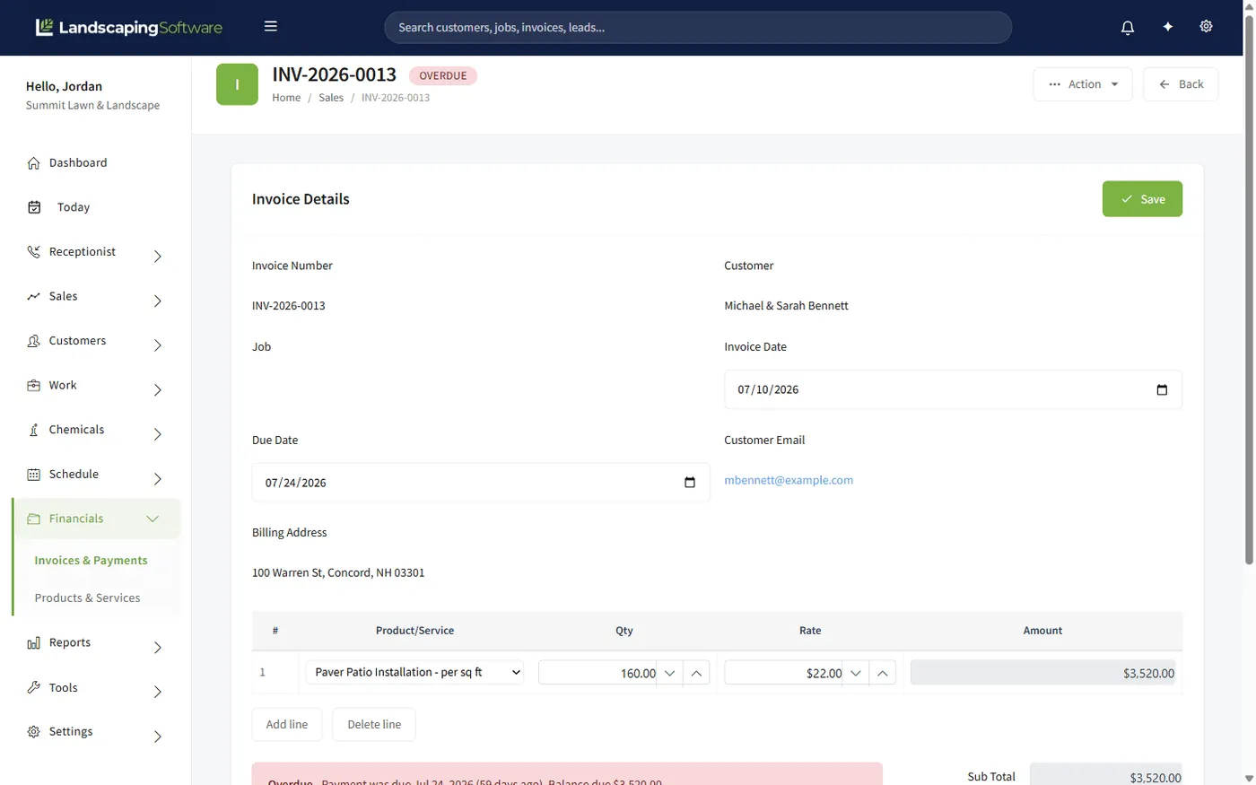 Itemized invoice showing line items, totals, due date, and payment status