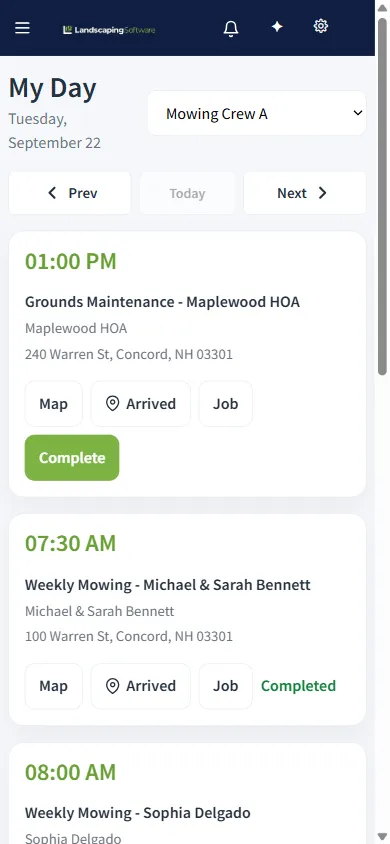 Crew mobile app showing the day's stops with map, arrival, and complete actions