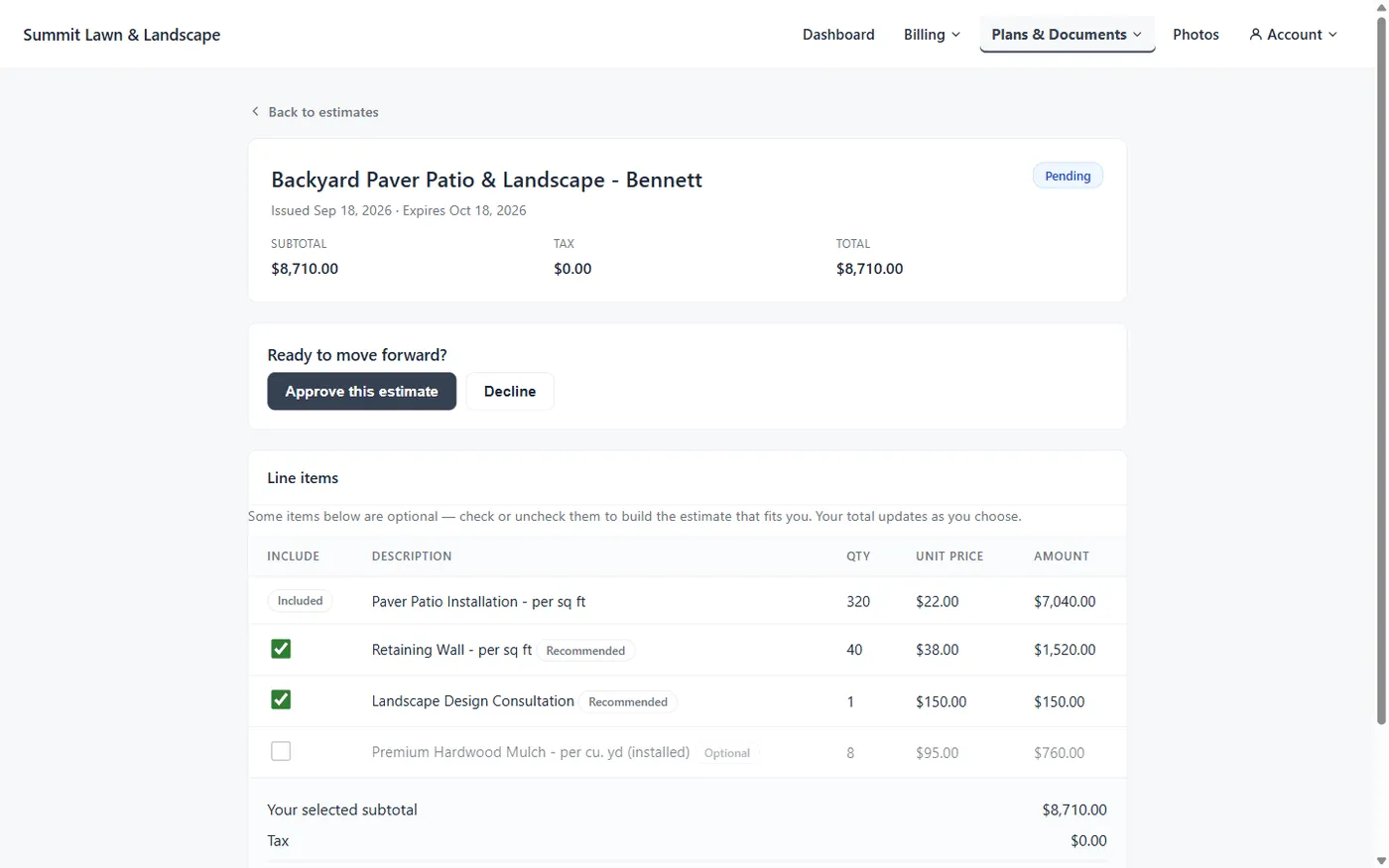 Customer portal estimate approval screen with selectable optional line items