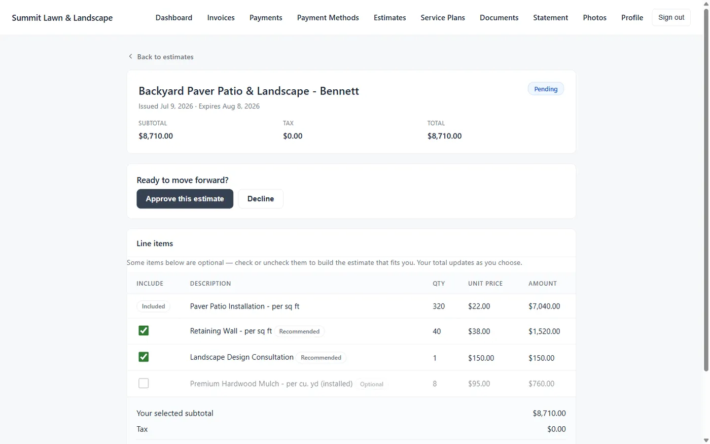 Customer portal estimate approval screen with selectable optional line items