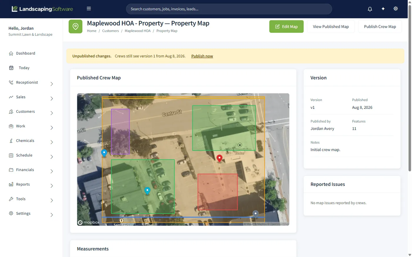 A published crew map over an aerial, with the property boundary, mow areas, beds, a no-mow surface and pins for the gate, hazard and sprinkler