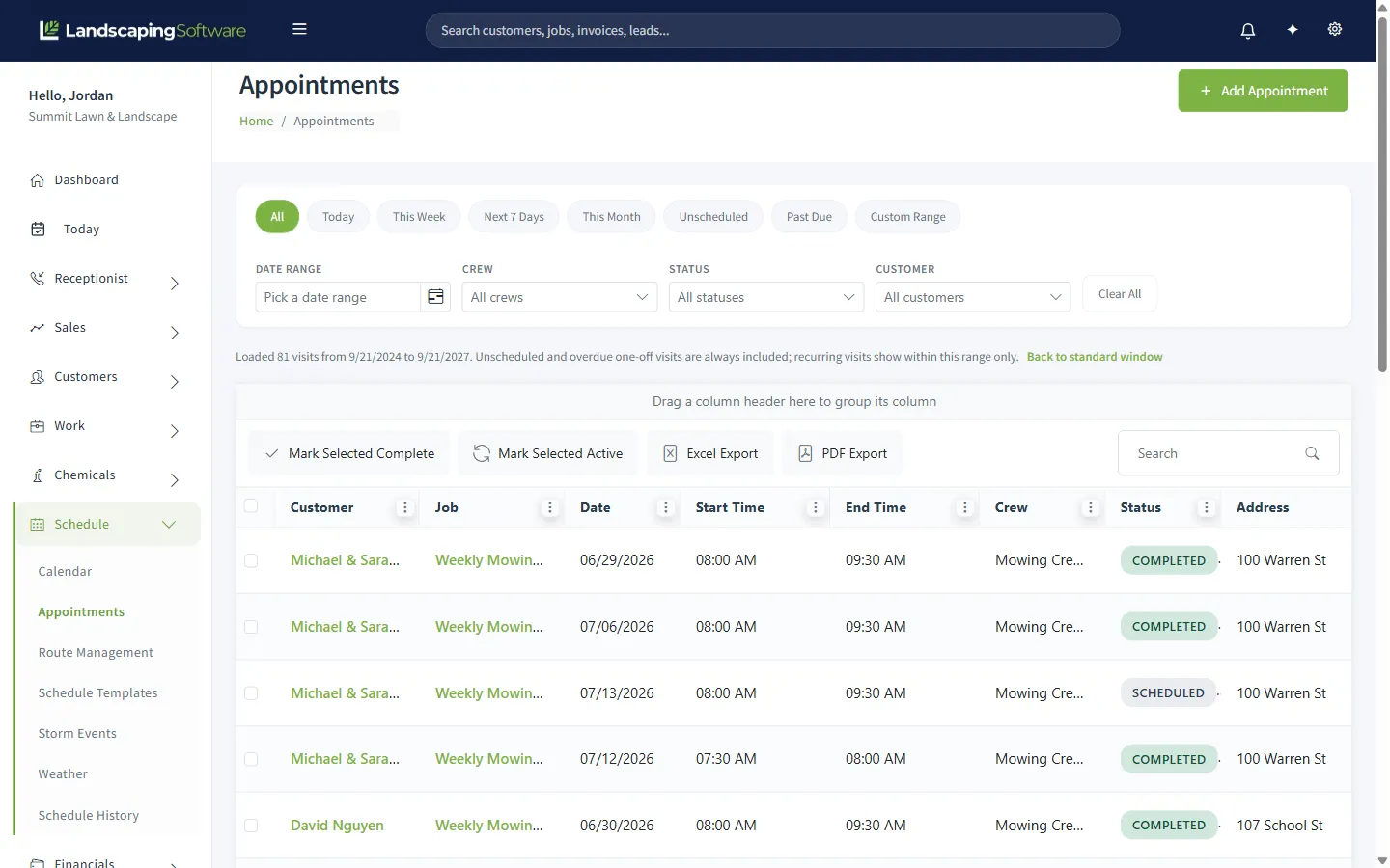The Appointments grid with quick filters for Today, This Week, Unscheduled, and Past Due, bulk Mark Selected Complete and Mark Selected Active buttons, and a status column