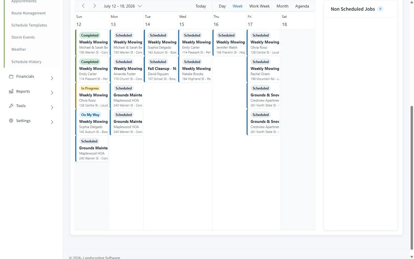 Weekly dispatch calendar for a route crew, with mowing and grounds maintenance visits stacked by day and the Non Scheduled Jobs sidebar on the right