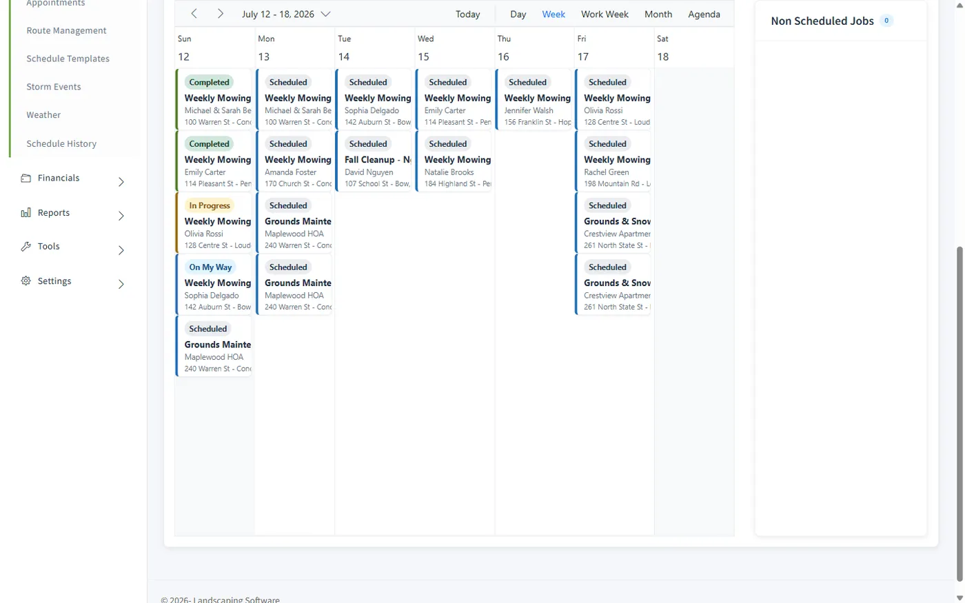 Weekly crew schedule showing routed mowing and maintenance visits across a full week