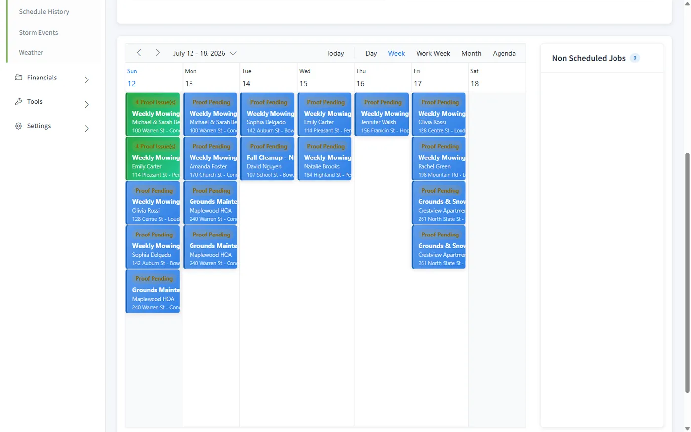 Weekly mowing schedule with routed crew visits