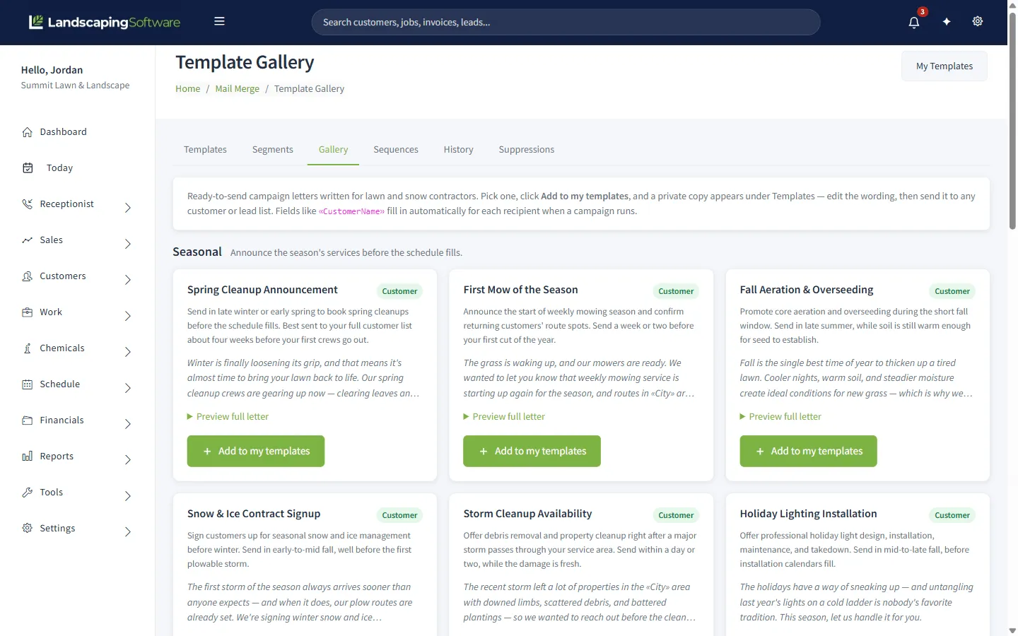 Landscaping marketing calendar toolkit: the mail merge template gallery, showing prebuilt seasonal, upsell, retention and review request letters you can add to your own templates