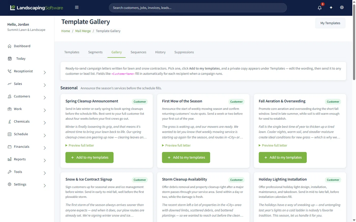The campaign template gallery showing ready-written seasonal letters with previews and an Add to my templates button