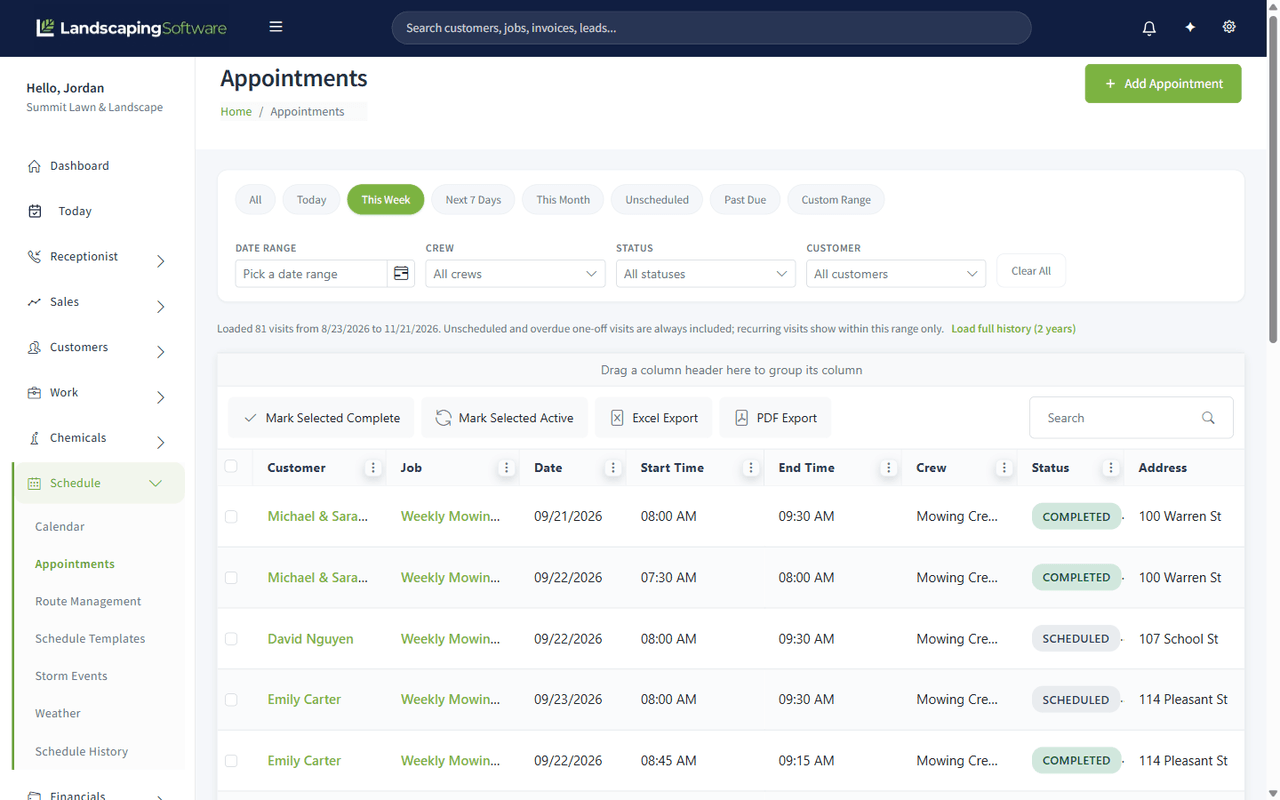 The Appointments list with filter chips, crew, status and customer filters, bulk actions and a grid of visits