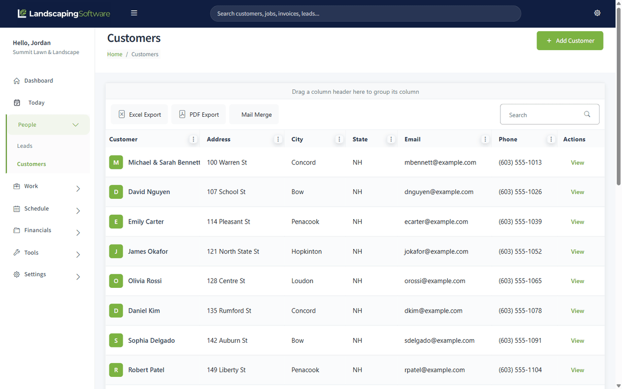 Customers list grid with search, sortable columns, and export options