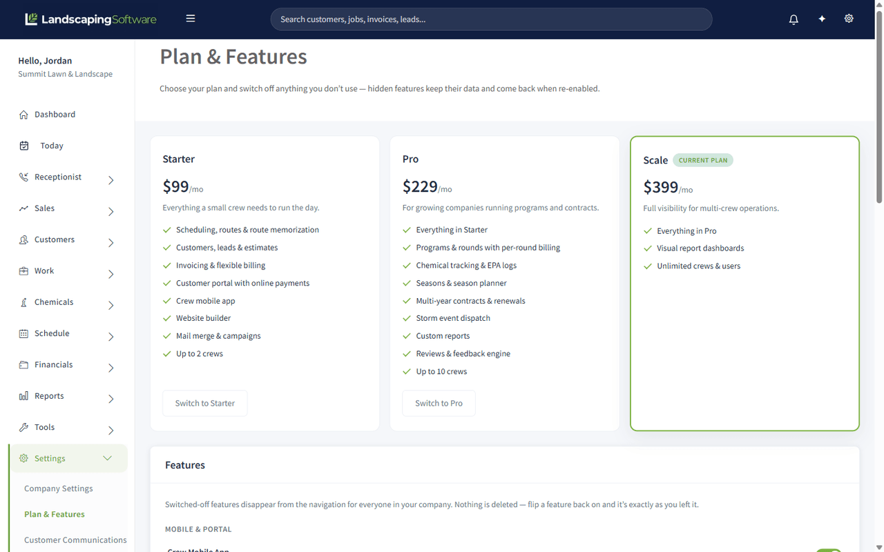 The Plan and Features page showing the three plan cards and the per-feature toggles grouped by area