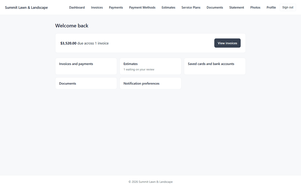 Customer portal dashboard where customers view invoices, estimates, and shared documents
