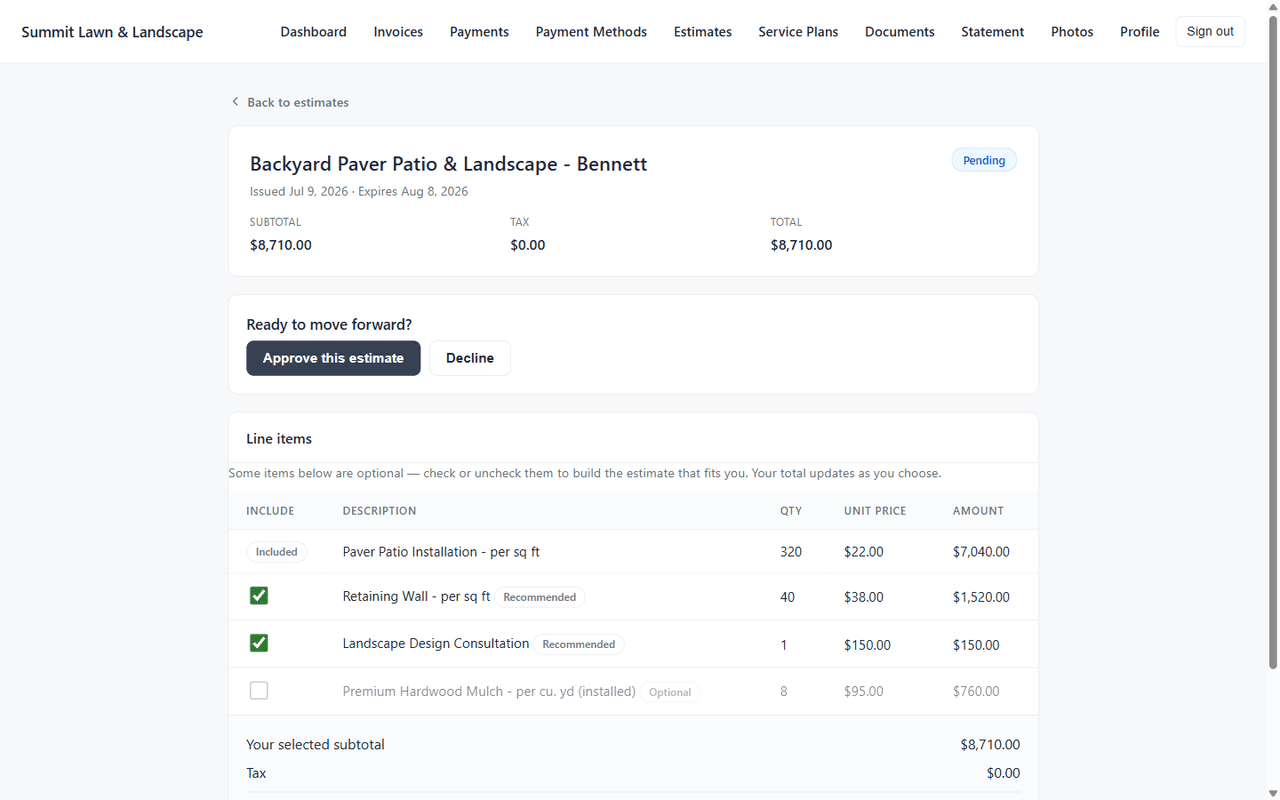 Customer portal estimate approval screen with e-signature approve and decline options