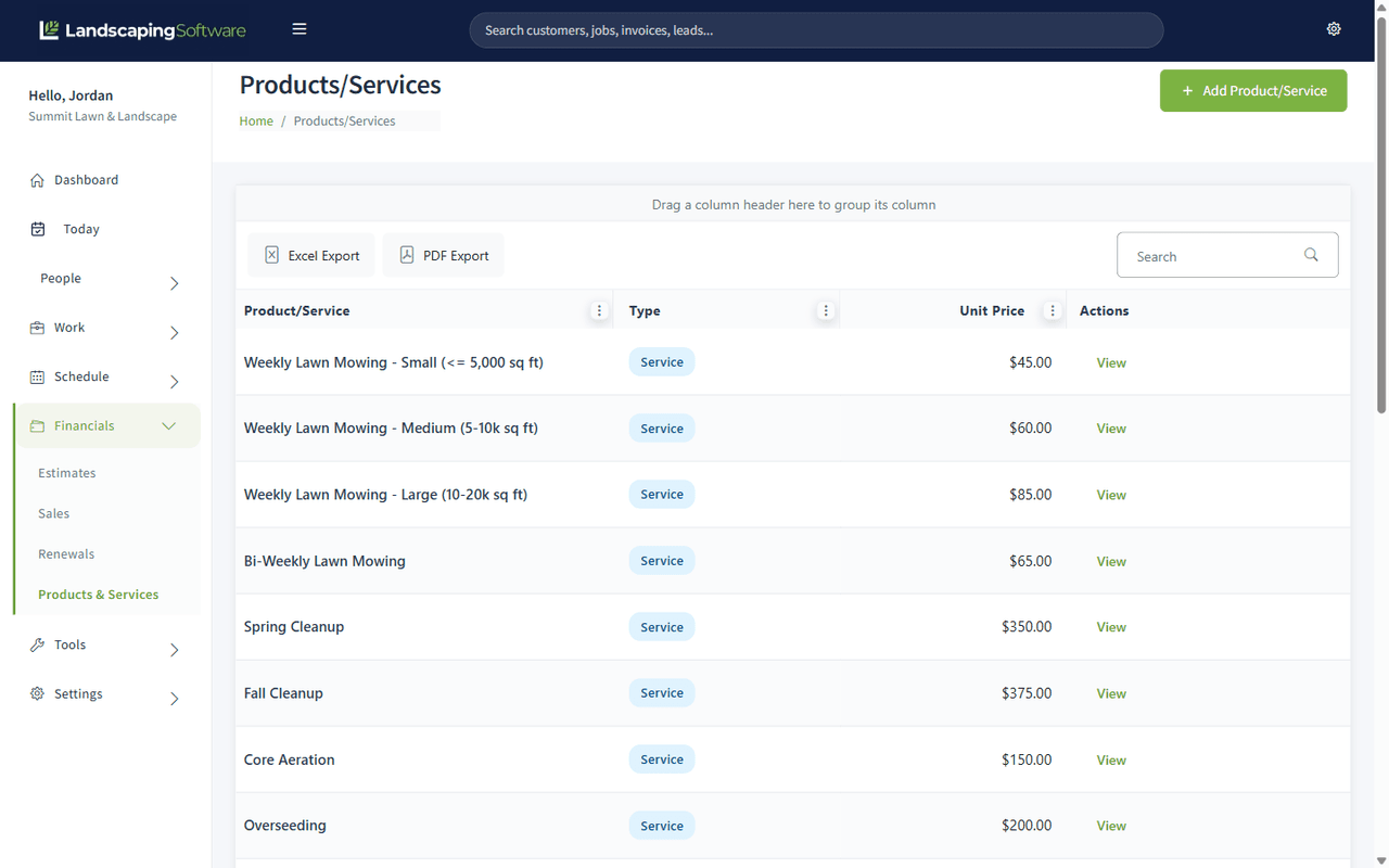 Products and services catalog grid with unit prices and costs
