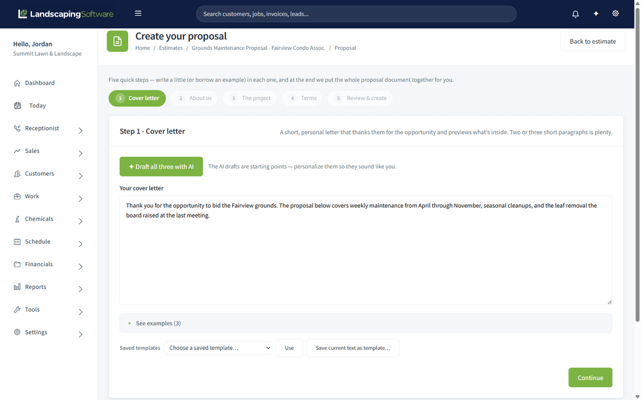 The guided proposal setup on step 1, showing the five steps, the cover letter, the saved-templates picker and the AI draft button