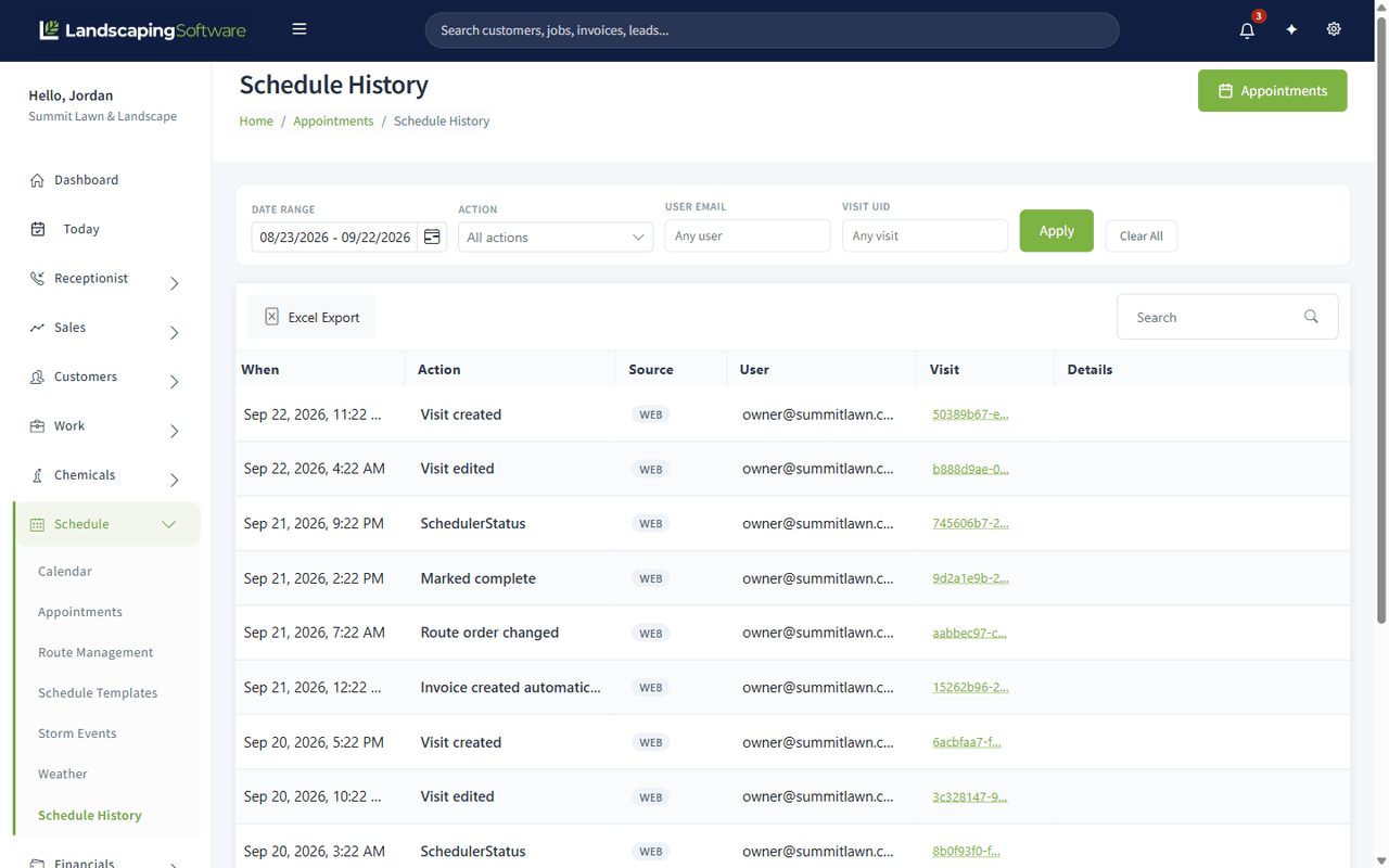 The Schedule History log listing schedule changes with timestamps, action, source, user and visit