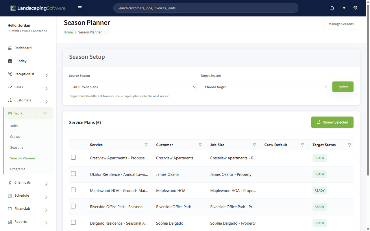 The Season Planner with source and target season pickers above a list of service plans ready to renew
