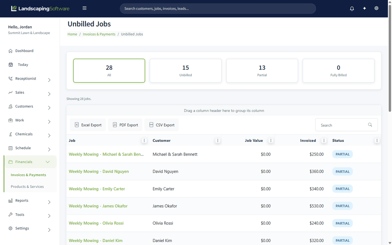 The Unbilled Jobs report with All, Unbilled, Partial and Fully Billed tiles above a grid of jobs showing job value against invoiced amount