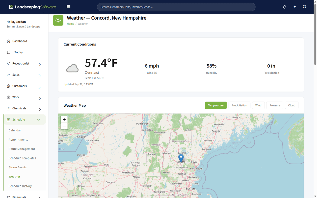 The Weather page showing current conditions, a layered weather map, the three-day forecast and the hourly table